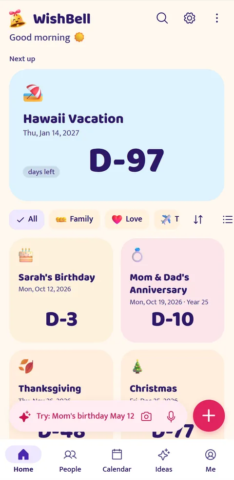 WishBell screen: Home: every special day, remembered
