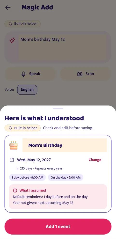 WishBell screen: Magic Add: just type it