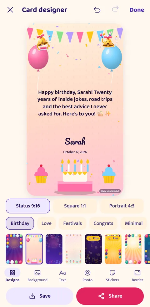 WishBell screen: Card designer